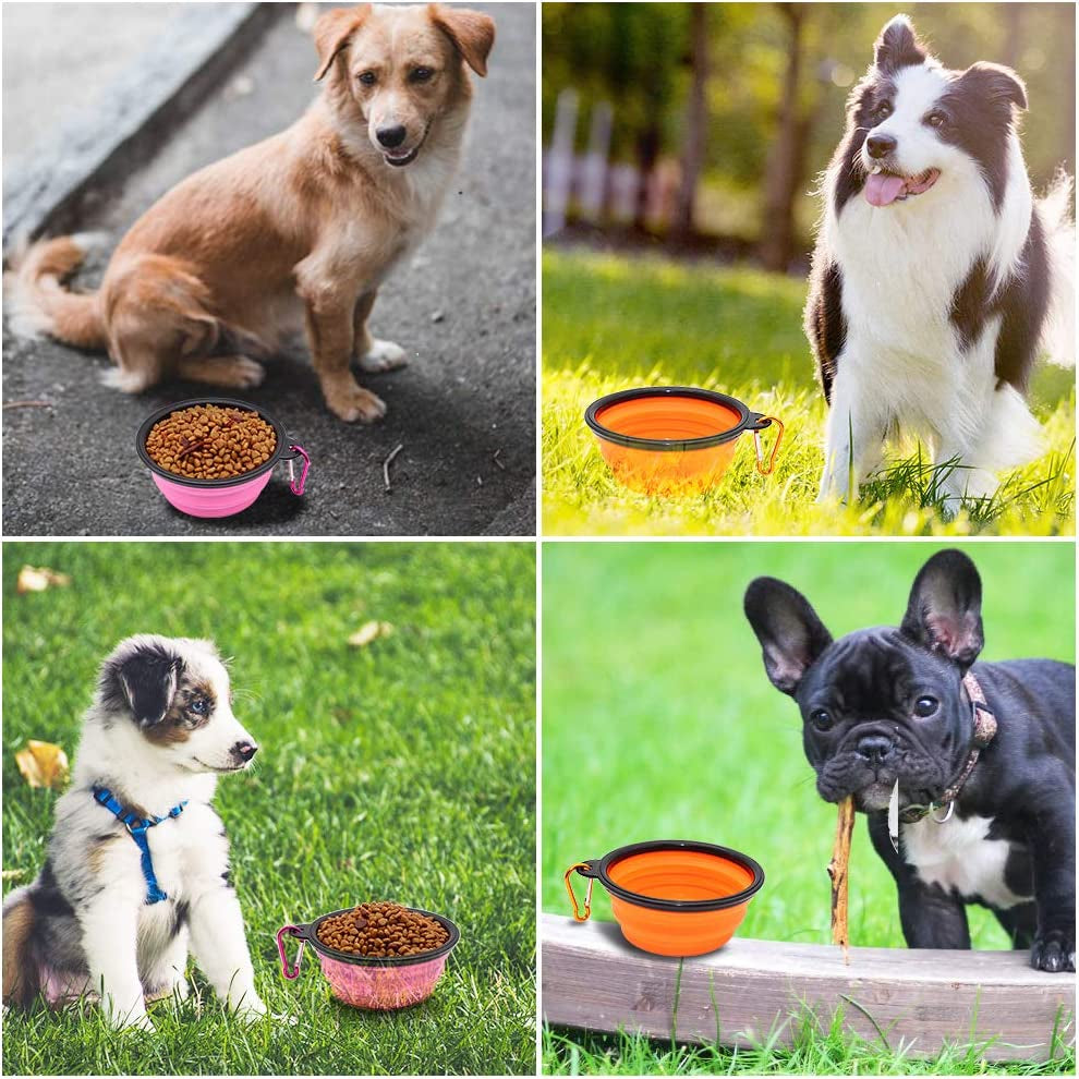 Collapsible Dog Bowls, 2 Pack, Portable Pet Feeding Watering Dish for Traveling with Carabiners (Small, Orange+Pink)