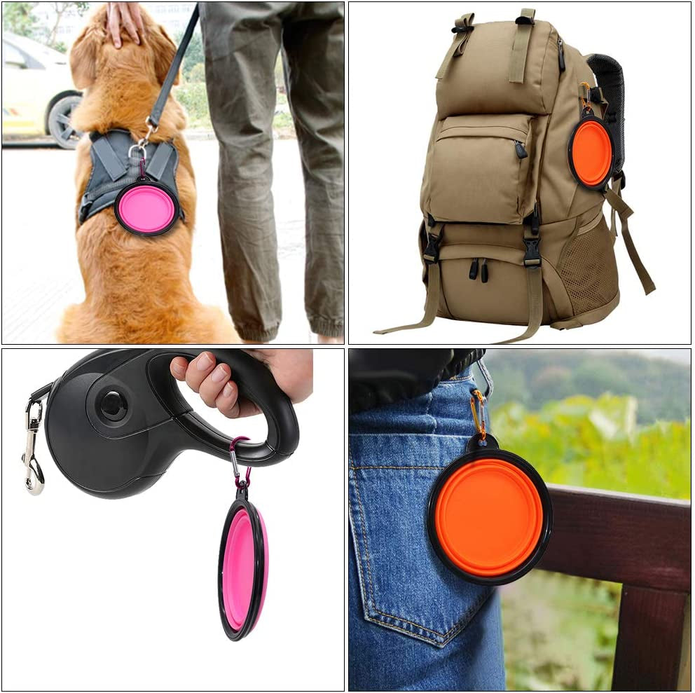 Collapsible Dog Bowls, 2 Pack, Portable Pet Feeding Watering Dish for Traveling with Carabiners (Small, Orange+Pink)